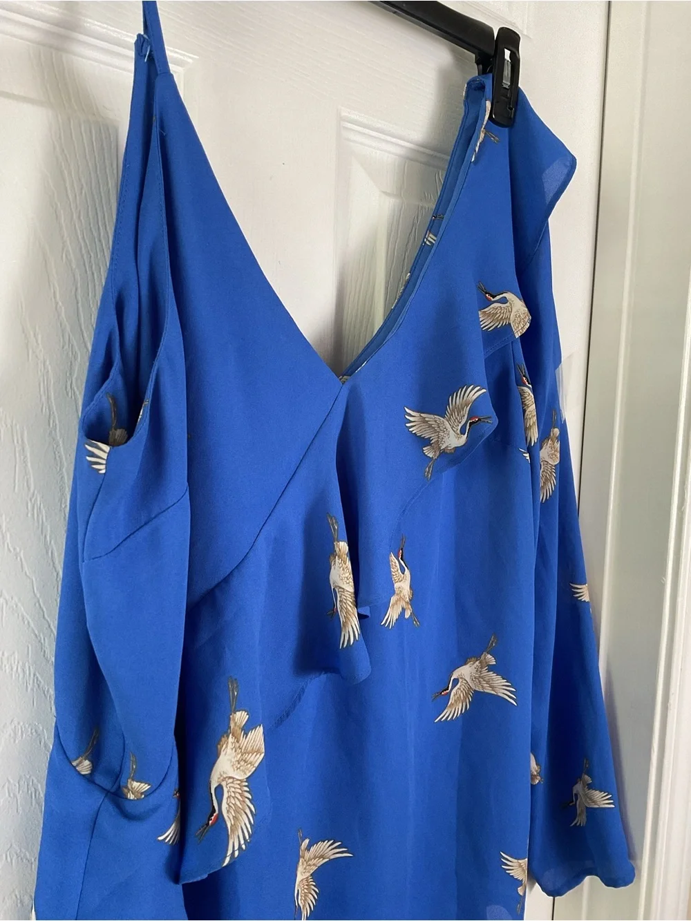 Belle Sky Womens Blue Crane Print One Shoulder Ruffle Blouse Size M - Picture 3 of 8